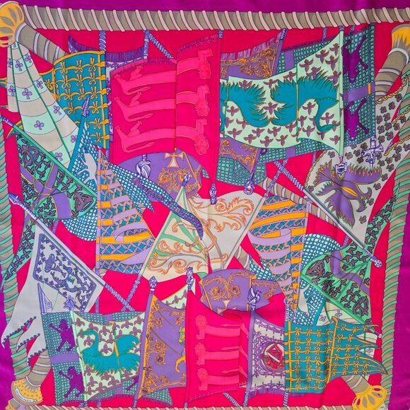 HERMES PARIS Carre 90 Etendards et Bonnieres Scarf 1984 Created By Annie Faivre - Picture 1 of 12